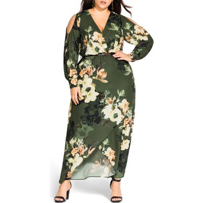 Plus Size City Chic Long Sleeve Floral Maxi Dress, Green