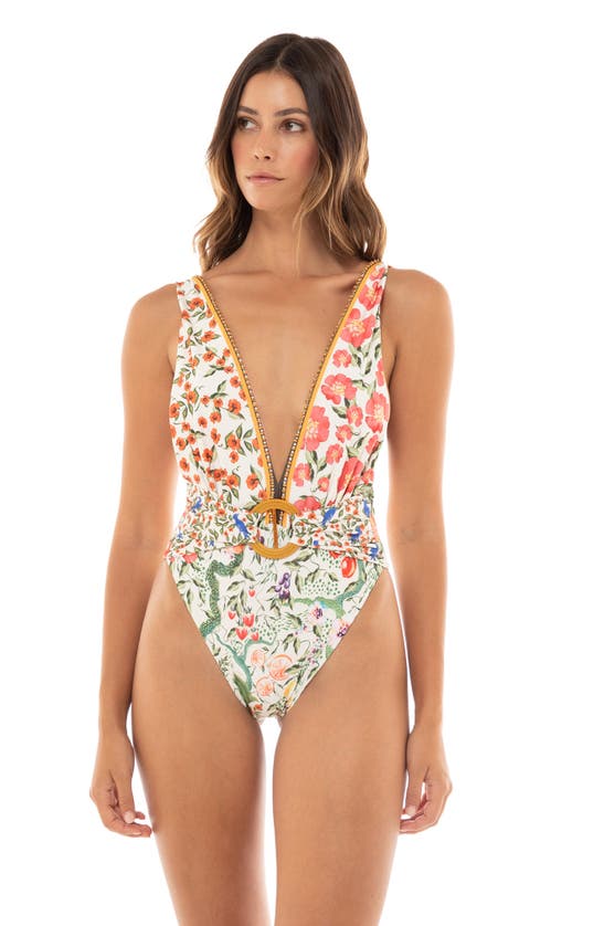 Shop Agua Bendita Ina Seed Belted One-piece Swimsuit In White/ Multicolor