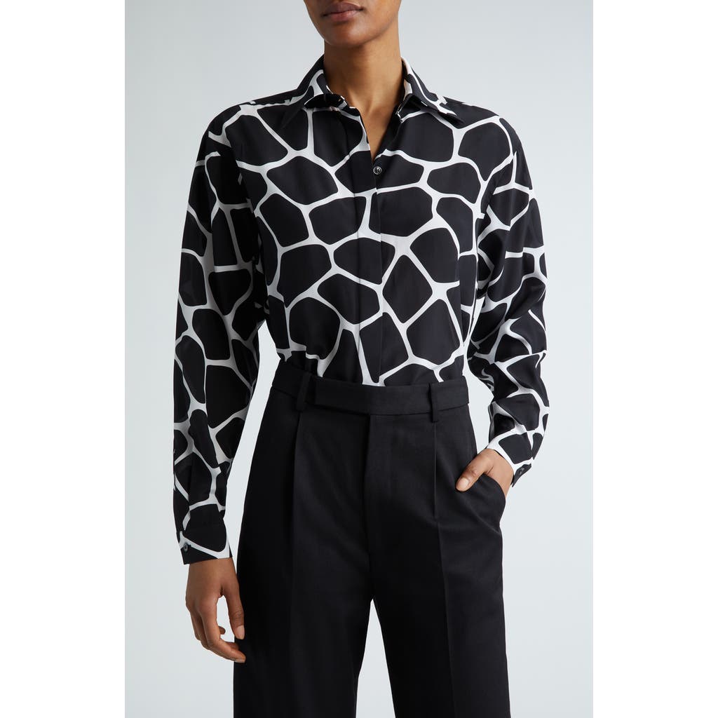 Michael Kors Collection Long Sleeve Silk Button-up Shirt In Optic White/black