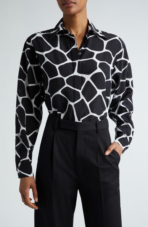 Long Sleeve Silk Button-Up Shirt in Optic White/Black