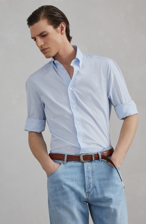 Shop Brunello Cucinelli Striped Cotton Shirt In Azure