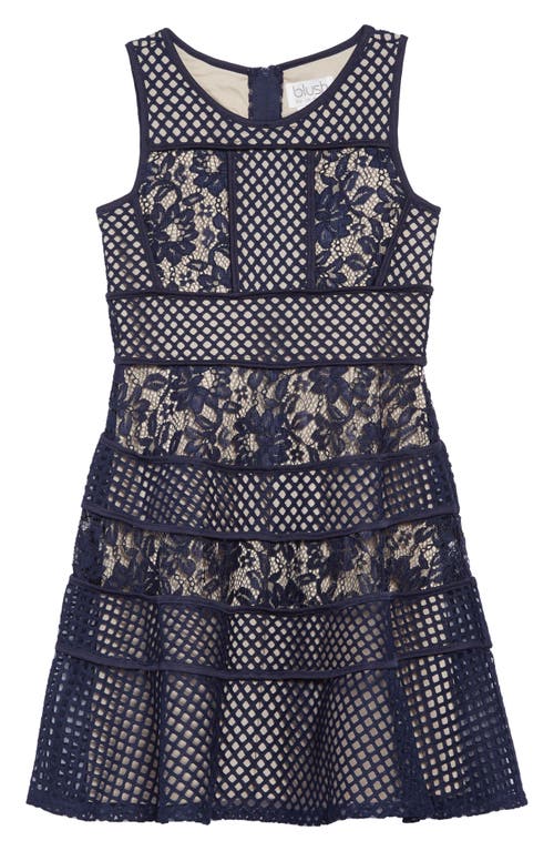 BLUSH by Us Angels Lace & Mesh Tiered Dress in Navy