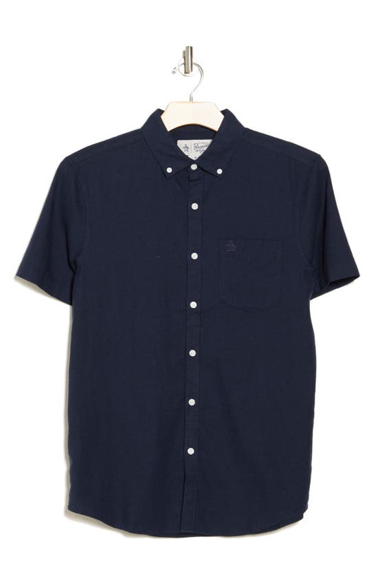 Shop Original Penguin Stretch Linen Blend Short Sleeve Shirt In Dark Sapphire