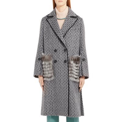 Fendi Double Breasted Wool & Alpaca Blend Coat With Genuine Fox Fur Pockets, US / 40 IT - Grey