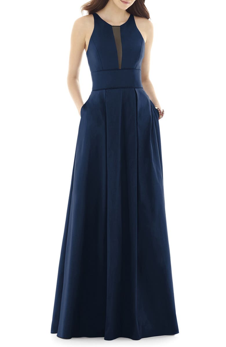 Alfred Sung Tulle Inset Sleeveless Peau de Soie Gown | Nordstrom