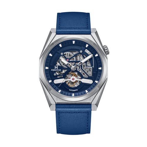 Shop Heritor Automatic Amadeus Semi-skeleton Leather-band Watch In Silver/blue