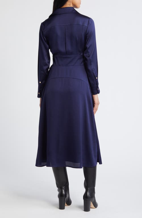 Shop Tahari Asl Long Sleeve Hammered Satin Wrap Front Shirtdress In Navy