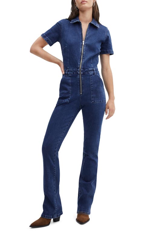 MANGO Short Sleeve Denim Jumpsuit Dark Blue at Nordstrom,