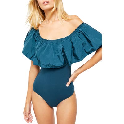 Free People Poof Goes My Heart Off The Shoulder Bodysuit, Blue/green