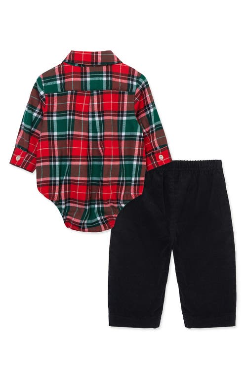 Shop Little Me Merry Plaid Button-up Bodysuit & Embroidered Corduroy Pants Set In Black