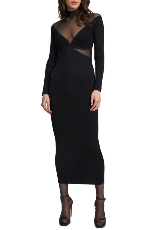 Bardot Mesh Inset Long Sleeve Ribbed Body-Con Dress Black at Nordstrom,