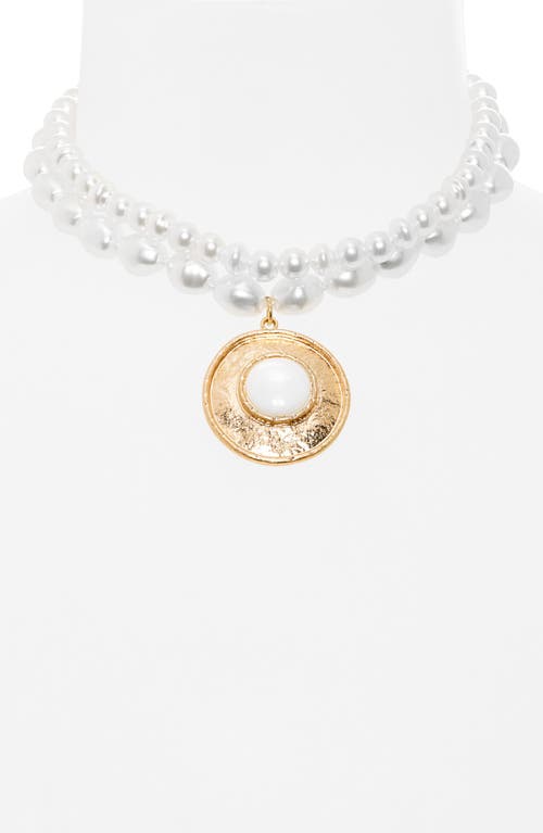 Shop Stephan & Co. Layered Imitation Pearl Open Disc Pendant Necklace In Gold