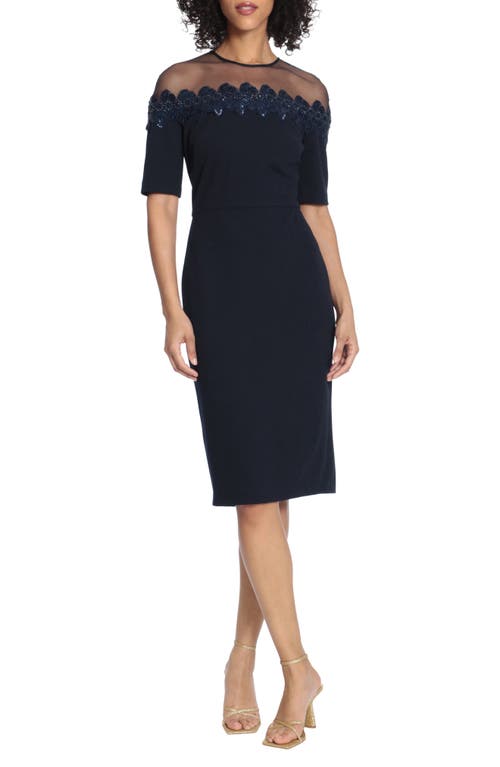 Maggy London Mesh Yoke Beaded Cocktail Sheath Dress Twilight Navy at Nordstrom,