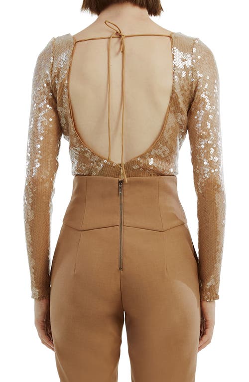 Shop Bardot Verona Sequin Long Sleeve Bodysuit In Beige