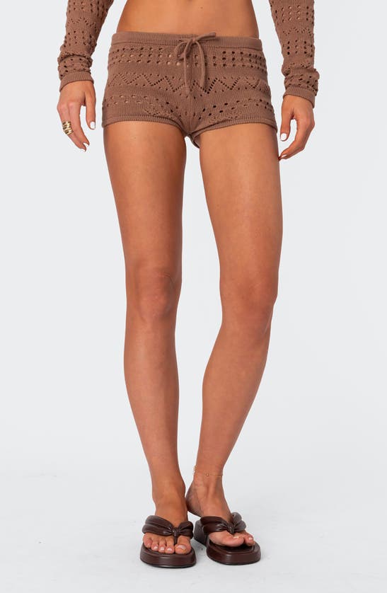 Shop Edikted Betsy Open Stitch Tie Front Sweater Shorts In Brown