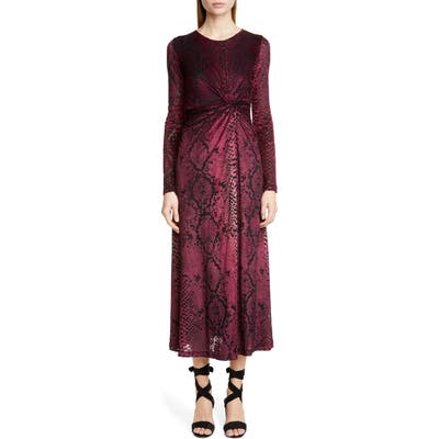Fuzzi Snake Print Long Sleeve Midi Dress, Burgundy