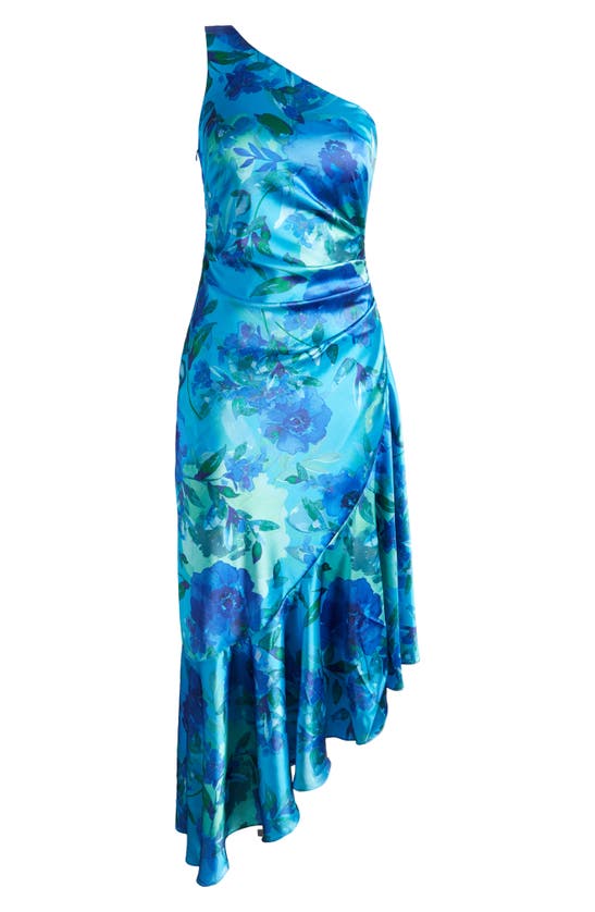 Shop Eliza J Floral One Shoulder Ruffle Cocktail Dress In Turquoise