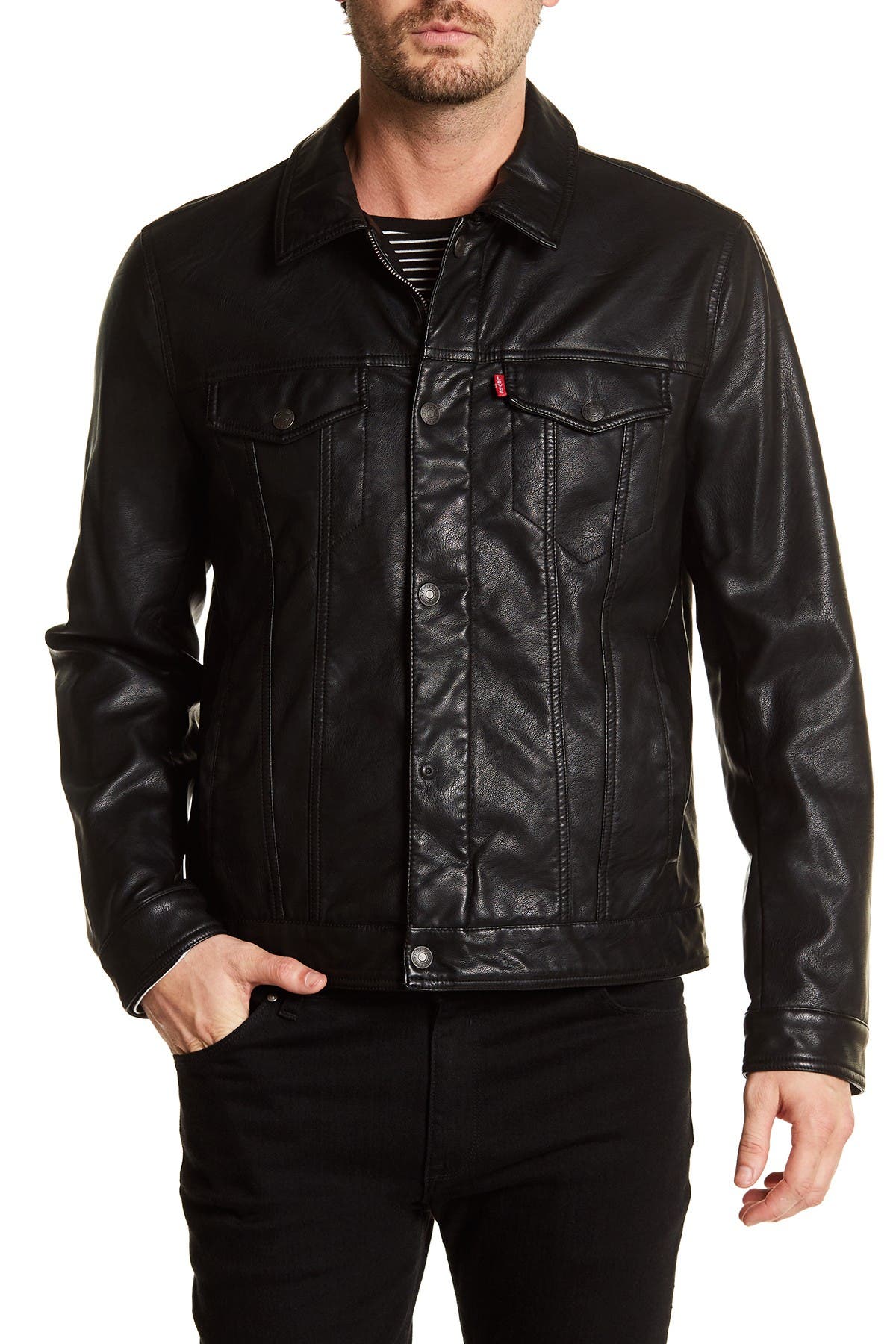 levi's black leather trucker jacket