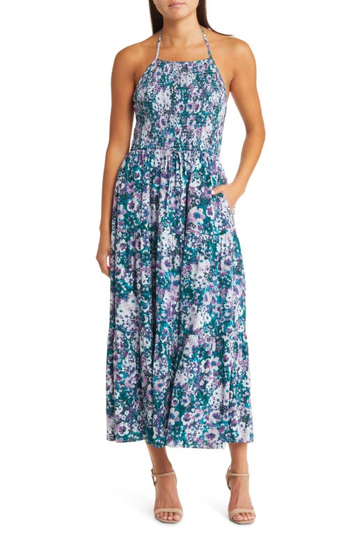 Lost + Wander First Kiss Floral Smocked Bodice Midi Sundress in Teal Floral