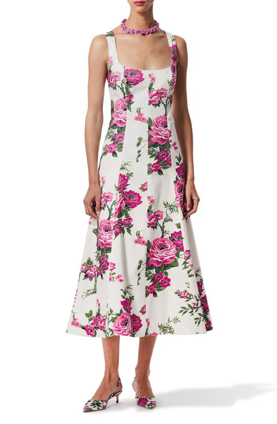 Shop Carolina Herrera Floral Sleeveless Stretch Cotton Midi Dress In White Multi