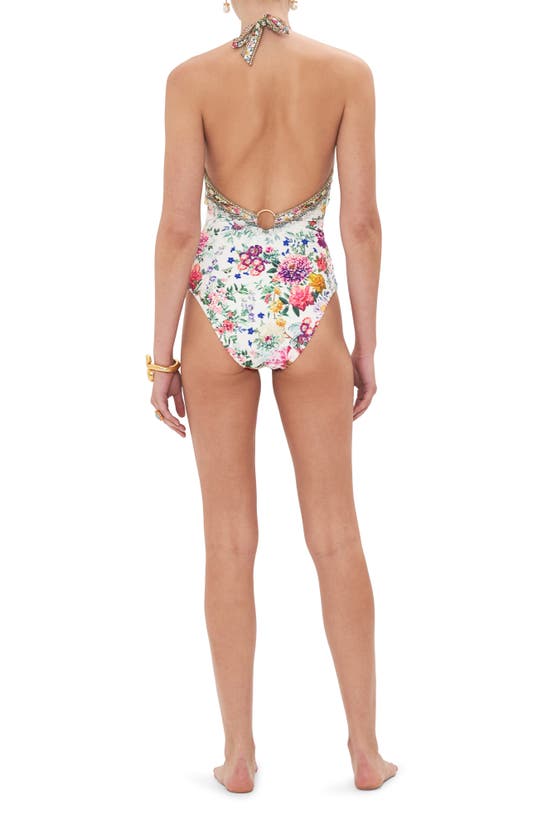 Shop Camilla Plumes & Parterres Halter One-piece Swimsuit In Plumes And Parterres