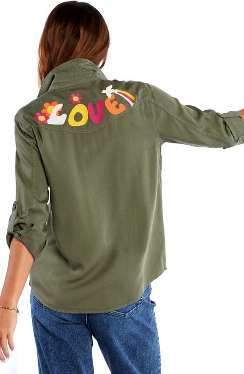 Billy T Peace & Love Embroidered Button-up Shirt In Soft Olive