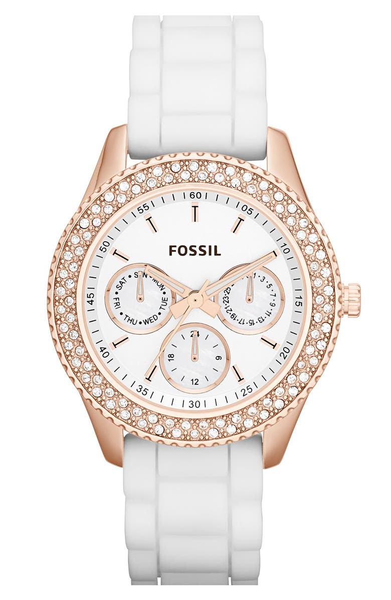 Fossil 'Stella' Crystal Bezel Multifunction Silicone Strap Watch, 37mm ...