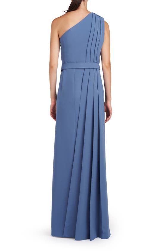 Shop Kay Unger Bowie One-shoulder Belted Gown In Mediterranean Blue