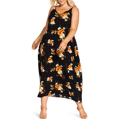 Plus Size City Chic Aruba Flora Print Maxi Dress, Black