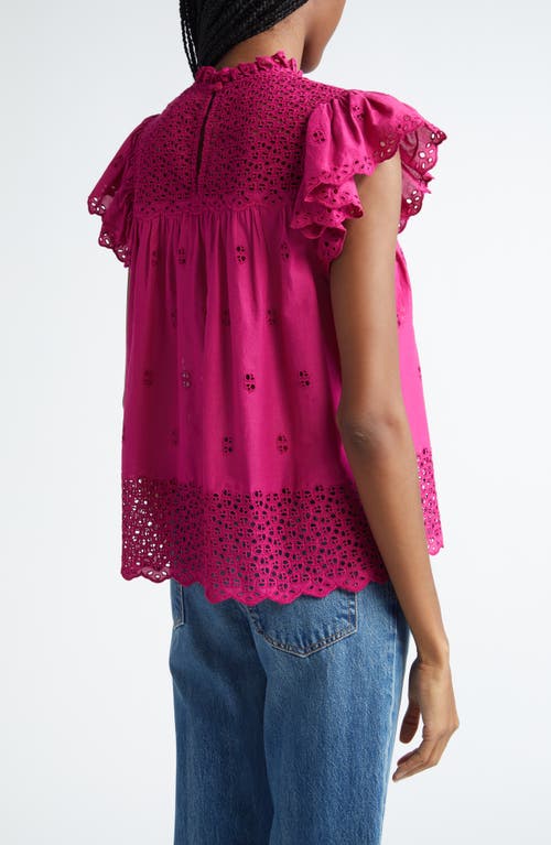 Shop Ulla Johnson Kassi Eyelet Flutter Sleeve Cotton Top In Ruby