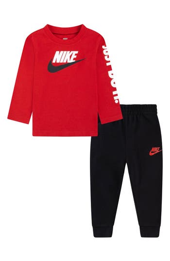 Nike Futura Long Sleeve Tee & Joggers Set In University Red/black