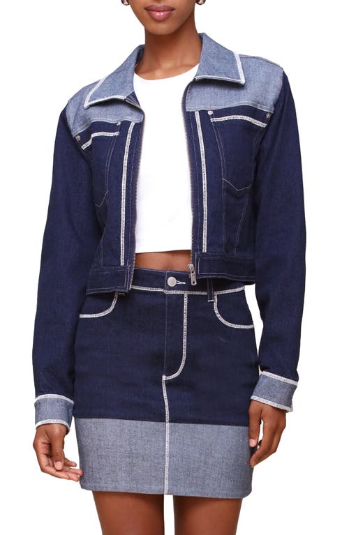 Shop Avec Les Filles Colorblock Crop Denim Jacket In Dark Rinse Wash