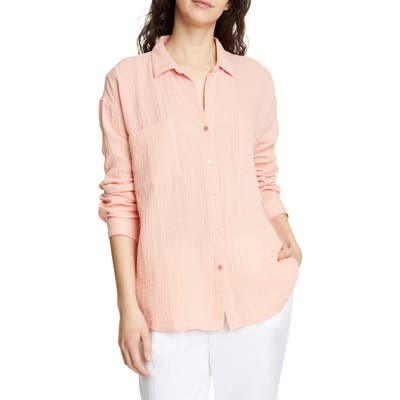 Petite Eileen Fisher Crinkled Cotton Button Up Blouse, Orange