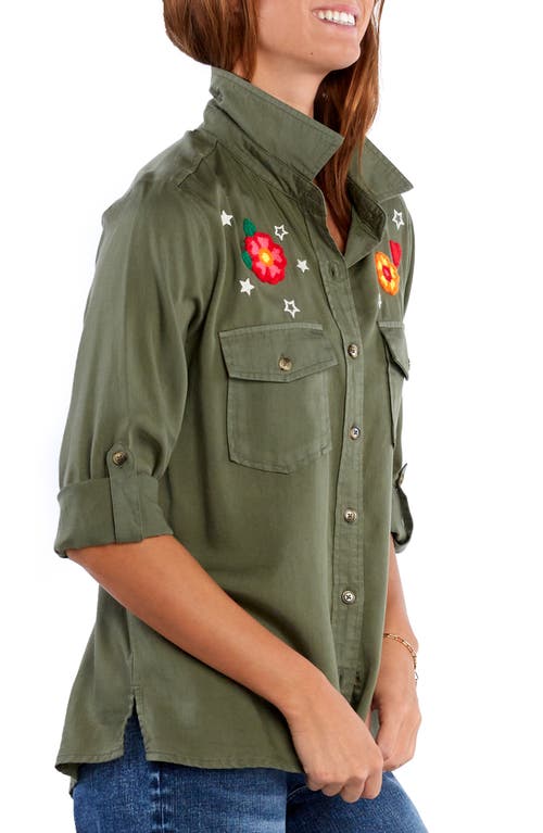 Billy T Birds Of A Feather Embroidered Denim Button-up Shirt In Soft Olive