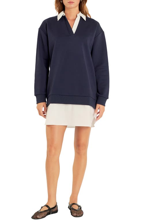English Factory Mixed Media Long Sleeve Dress In Navy/white