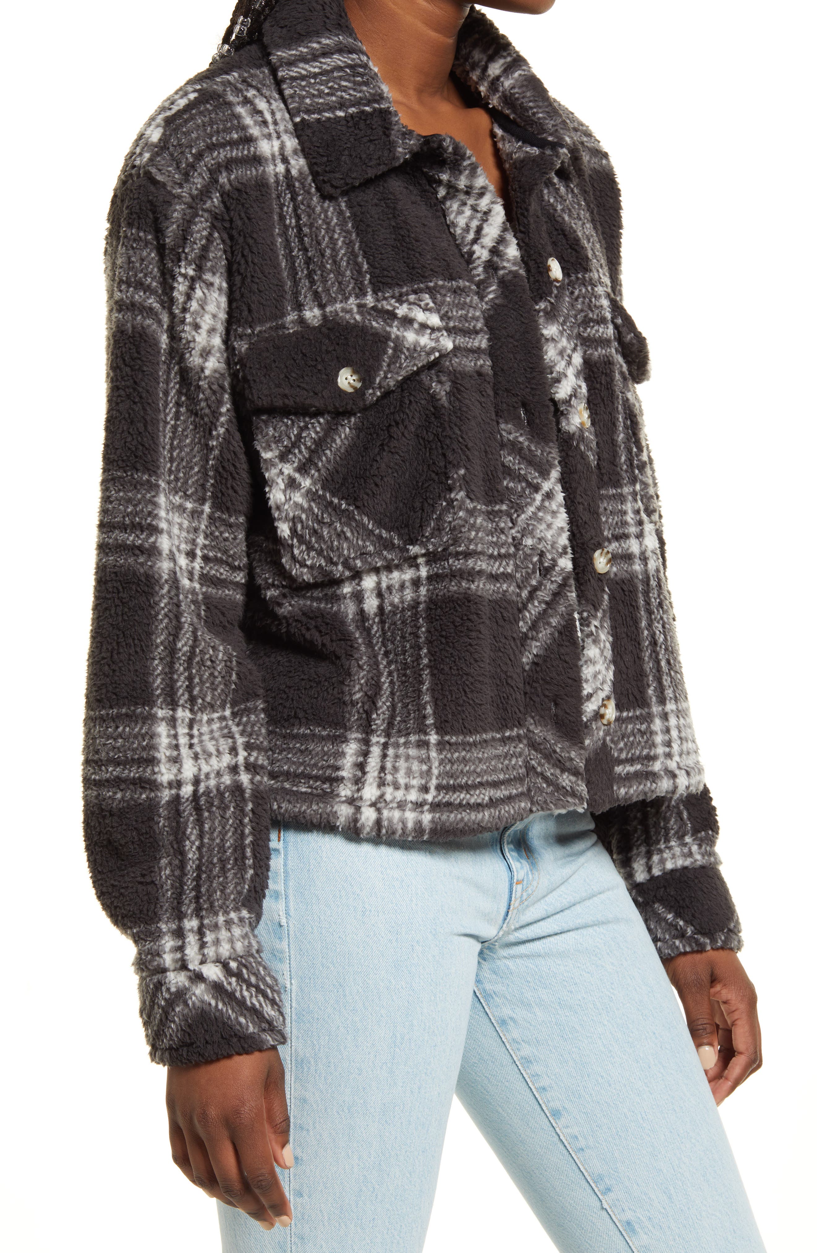Thread \u0026 Supply Crop Fleece Shirt Jacket in Black White Plaid at Nordstrom, Size Small