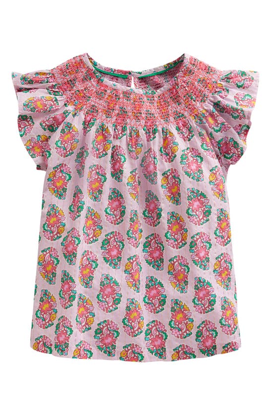 Shop Mini Boden Kids' Metallic Floral Smocked Cotton Top In Sugared Almond Pink Paisley