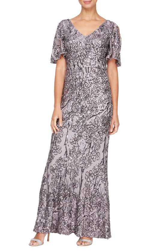 Alex Evenings Sequin Lace Cold Shoulder Trumpet Gown In Icy Orchid
