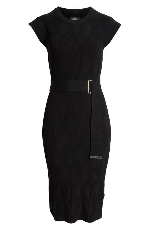 Shop Vince Camuto Textured Cap Sleeve Body-con Jacquard Sweater Dress In Black