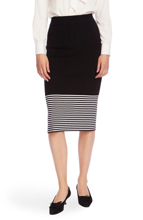 Stripe Hem Cotton & Wool Blend Knit Pencil Skirt in Rich Black