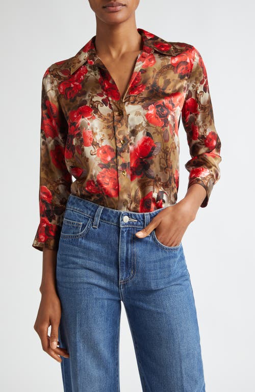 Shop L Agence L'agence Dani Floral Silk Button-up Shirt In Army/pink Floral