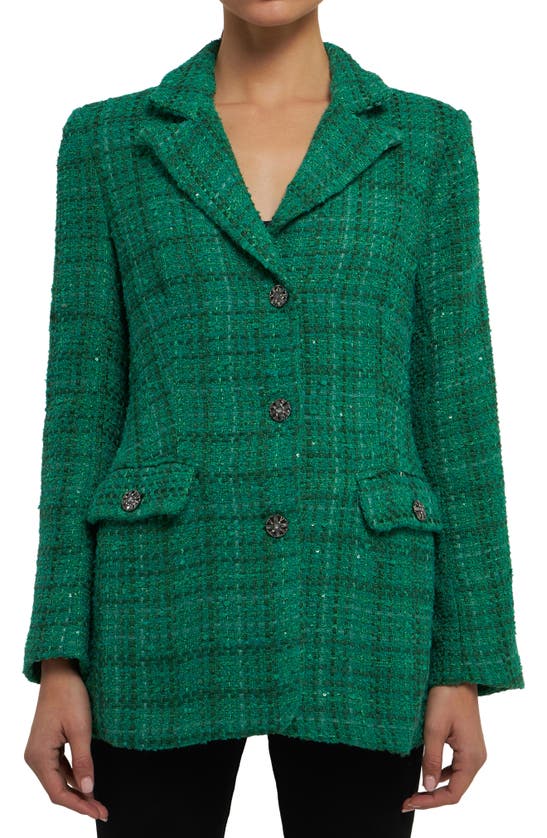 Shop Endless Rose Sequin Tweed Long Blazer In Green