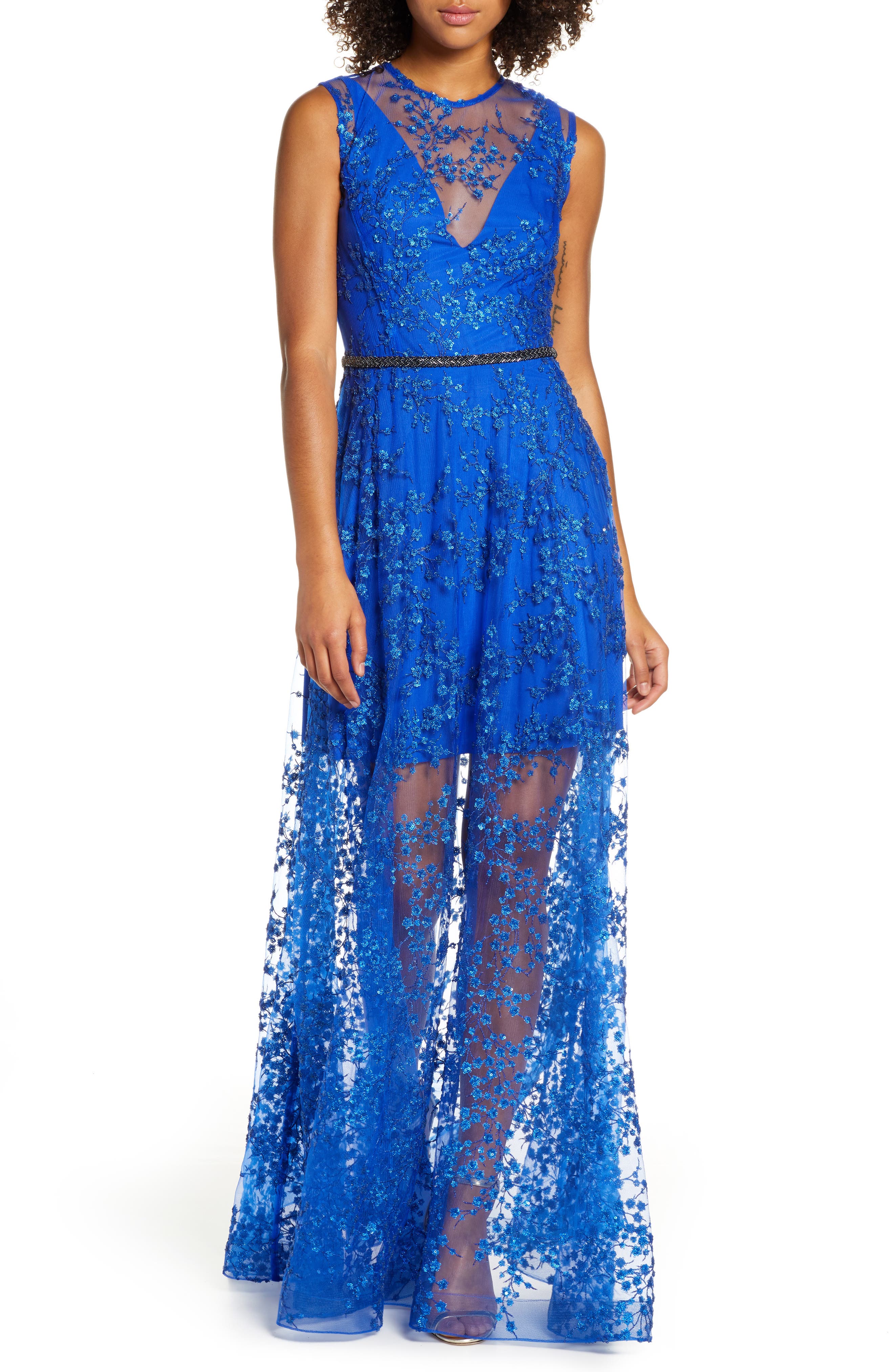 Bronx And Banco Olympia Floral Sheer Column Gown, Blue