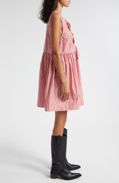 Shop Ganni Stripe Bow Tie Sleeveless Organic Cotton Dress In Barbados Cherry