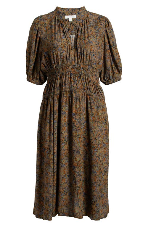 Shop Treasure & Bond Puff Sleeve Drop Waist Midi Dress In Olive- Blue Tawny Toile