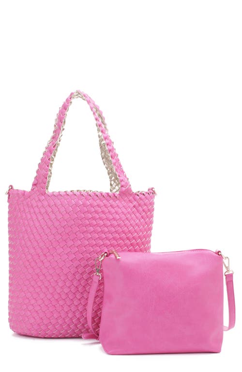 Mali + Lili Ray Convertible Woven Vegan Leather Tote in Hot Pink