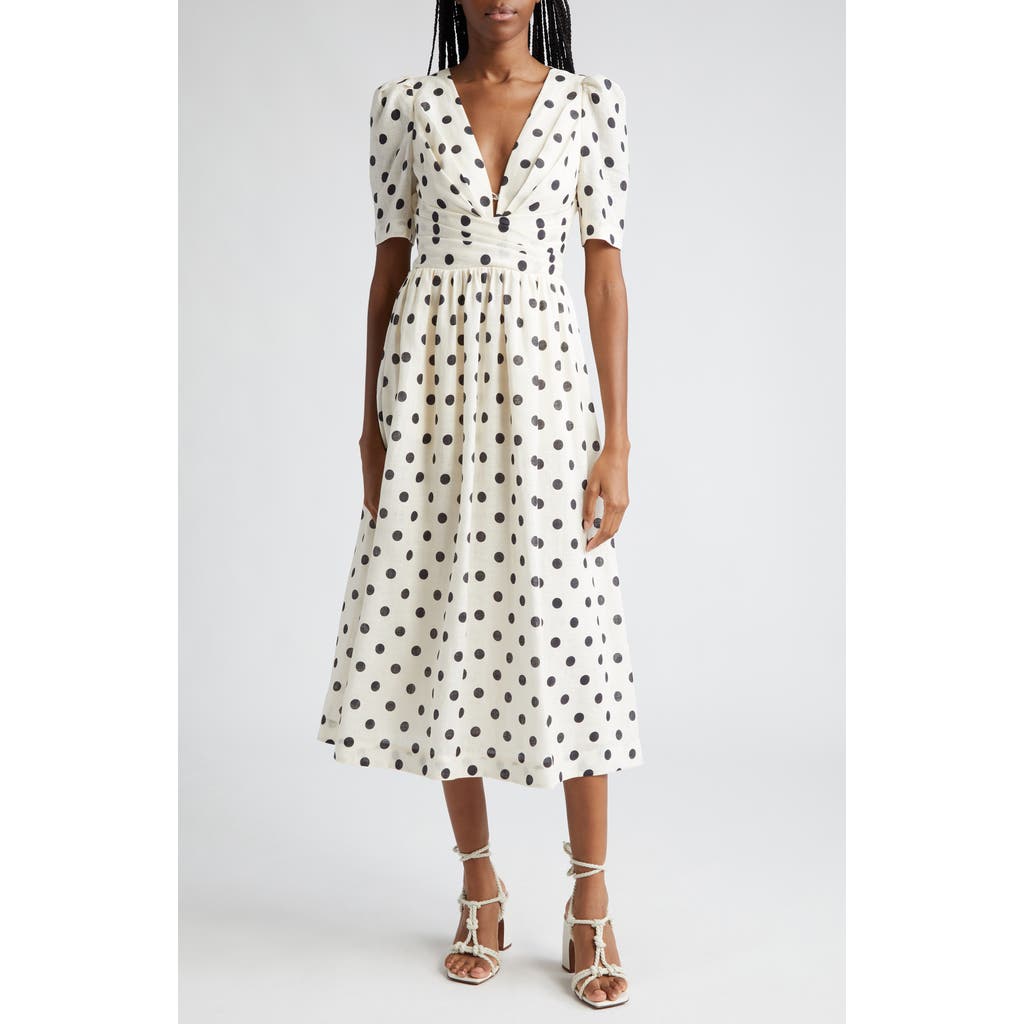 Zimmermann Polka Dot Pleated Linen Midi Dress In Cream/black Dot