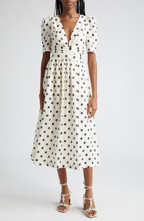 Shop Zimmermann Polka Dot Pleated Linen Midi Dress In Cream/black Dot