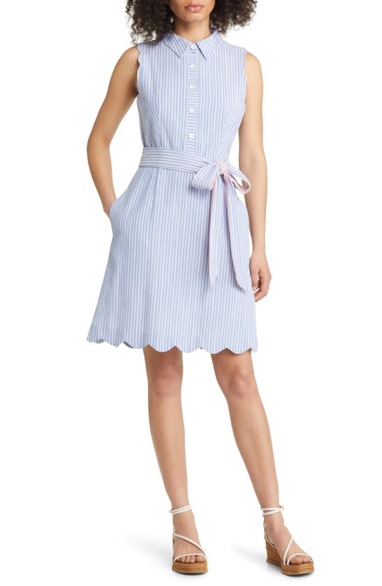 Eliza J Stripe Scallop Sleeveless Cotton Blend Shirtdress In Blue | ModeSens