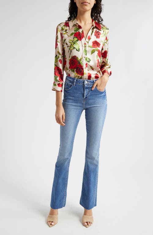 Shop L Agence L'agence Dani Rose Print Silk Button-up Shirt In Sand/red Romantic Rose